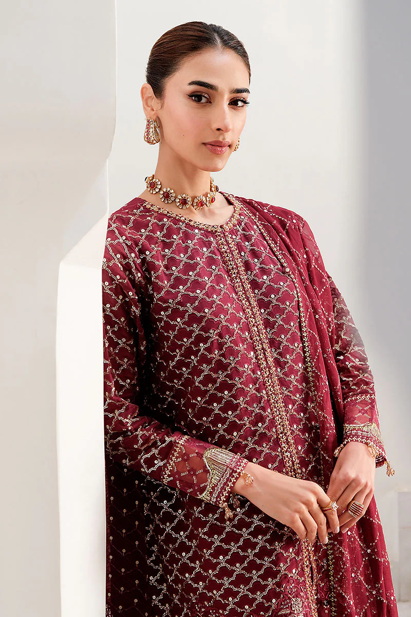 CRIMSON CASCADE-3PC CHIFFON EMBROIDERED PRET - Image 5