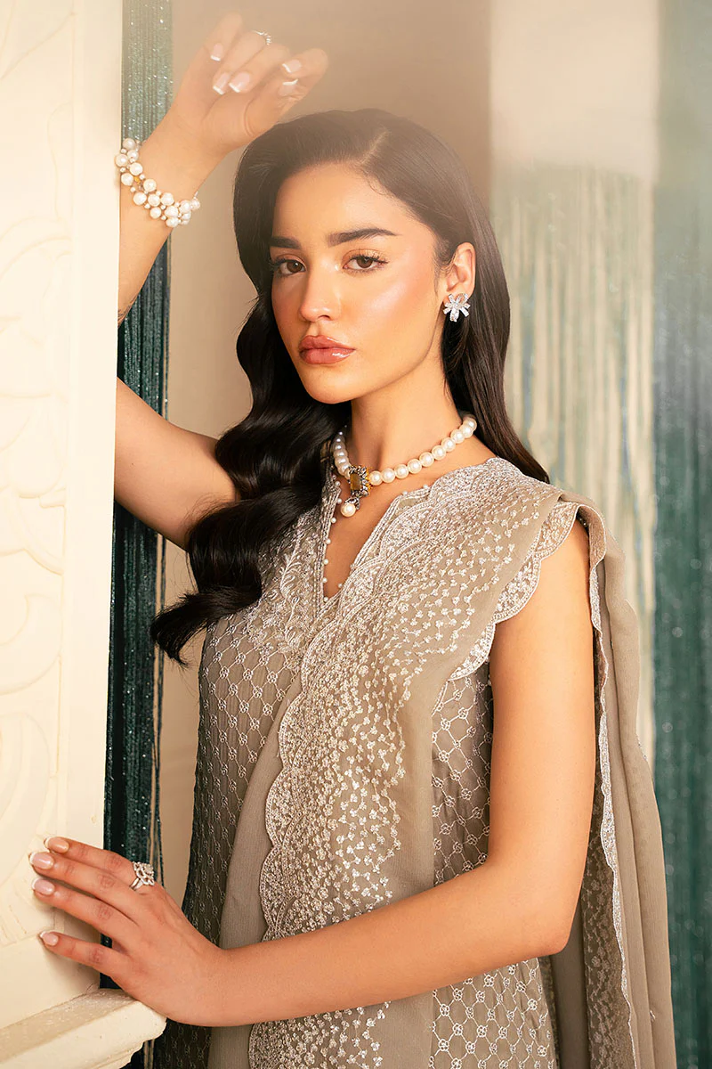 FEATHER GREY-4 PIECE EMBROIDERED CHIFFON SUIT - Image 4