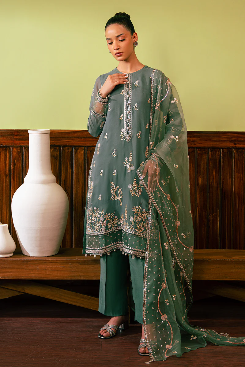 FERN GREEN-4 PIECE EMBROIDERED CHIFFON SUIT - Image 7