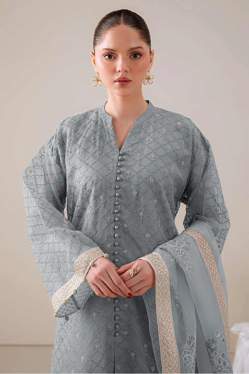 GOSSAMER GREEN-4PC ORGANZA EMBROIDERED SUIT - Image 3