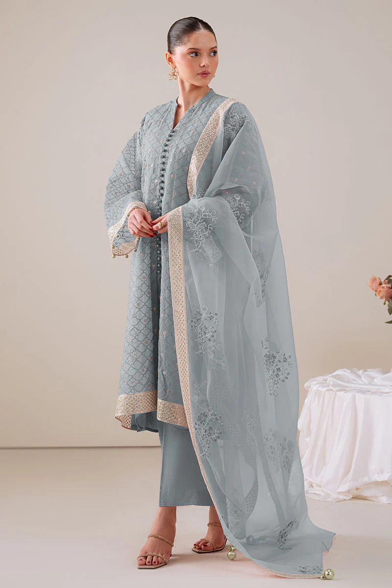 GOSSAMER GREEN-4PC ORGANZA EMBROIDERED SUIT - Image 4