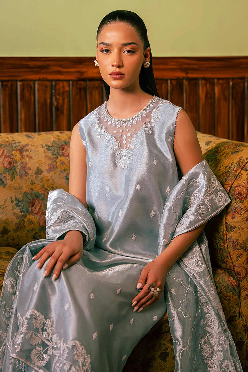HAZY BLUE-4 PIECE EMBROIDERED ZARI SUIT - Image 4