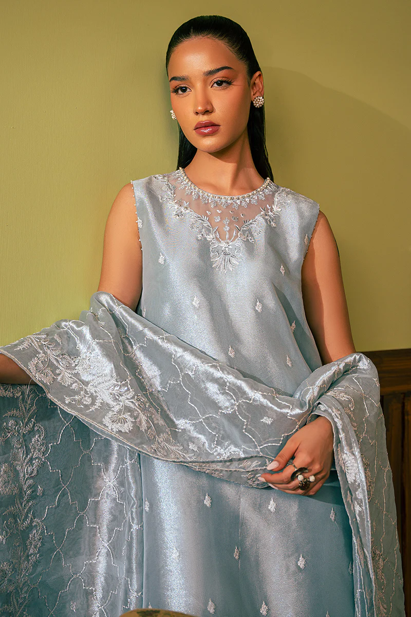 HAZY BLUE-4 PIECE EMBROIDERED ZARI SUIT - Image 7