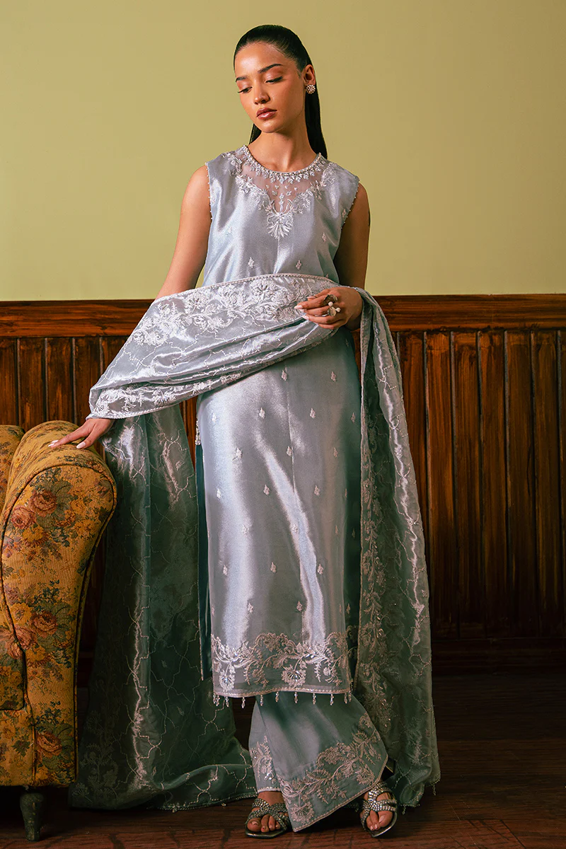 HAZY BLUE-4 PIECE EMBROIDERED ZARI SUIT - Image 9