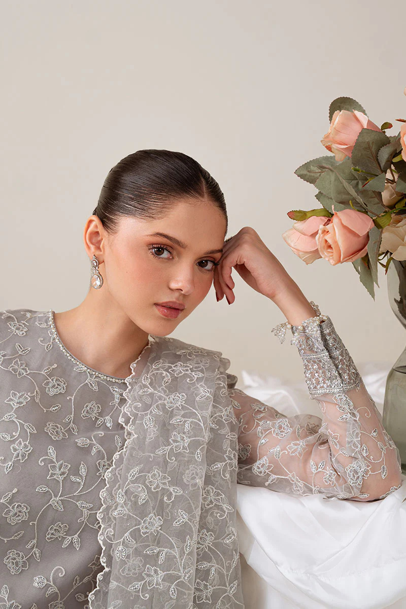 PEARL GRAY-4PC ORGANZA EMBROIDERED SUIT - Image 9