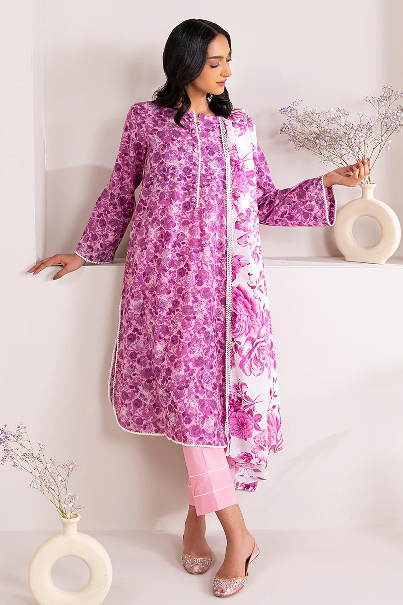 PINK WAVE-3 PIECE PRINTED LAWN SUIT - Image 5