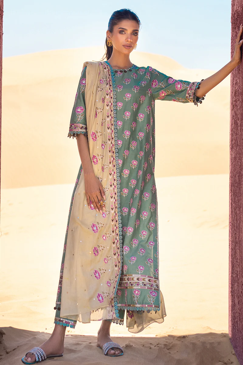 CHARTREUSE GOLD-3 PIECE EMBROIDERED LAWN SUIT