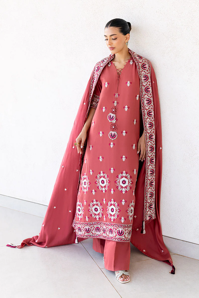 DUSTY SUNSET-3PC SATIN EMBROIDERED SUIT