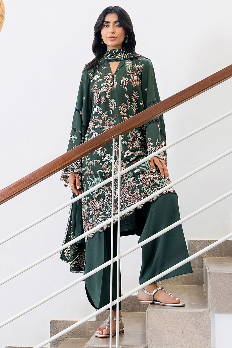 GREEN ORNATE-3PC SATIN EMBROIDERED SUIT - Image 3