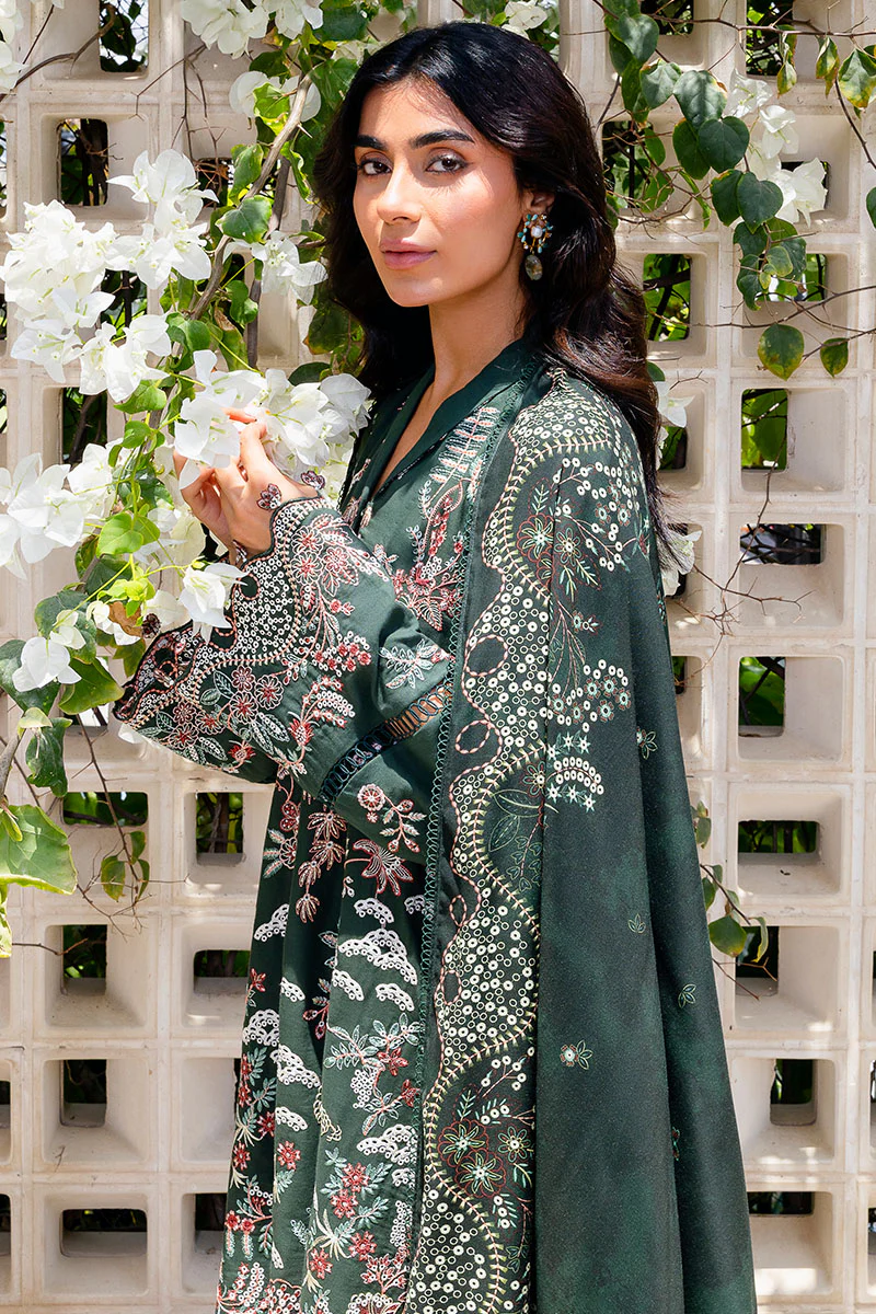 GREEN ORNATE-3PC SATIN EMBROIDERED SUIT - Image 5
