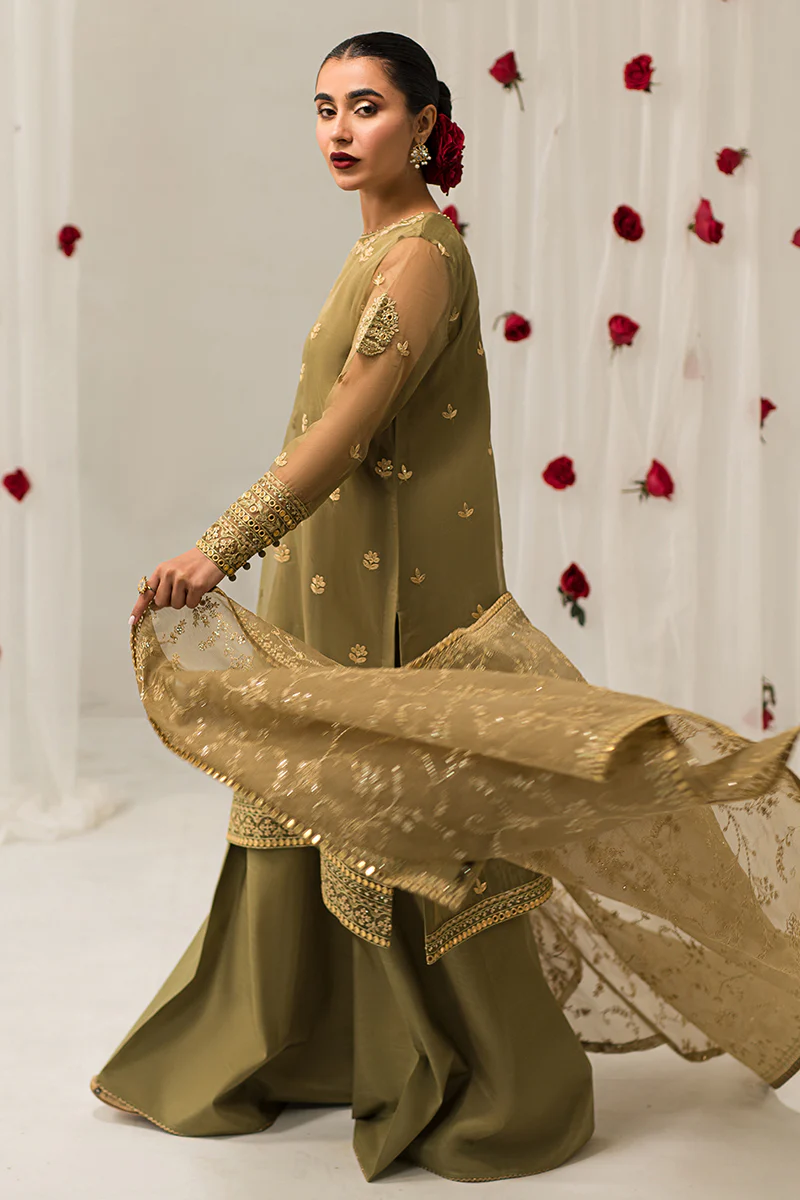 OLIVE GLEAM-4 PIECE EMBROIDERED ORGANZA SUIT - Image 7