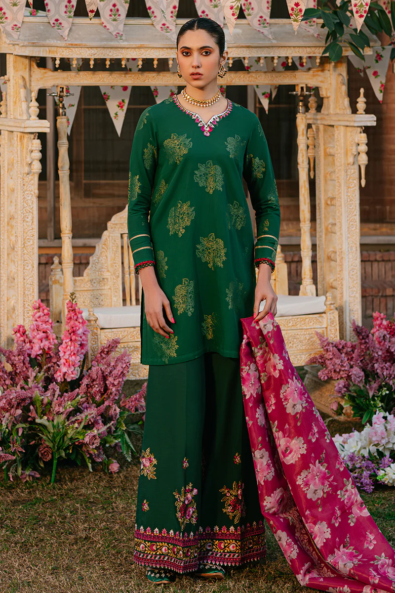 OPULENT GREEN-3 PIECE EMBROIDERED JACQUARD SUIT