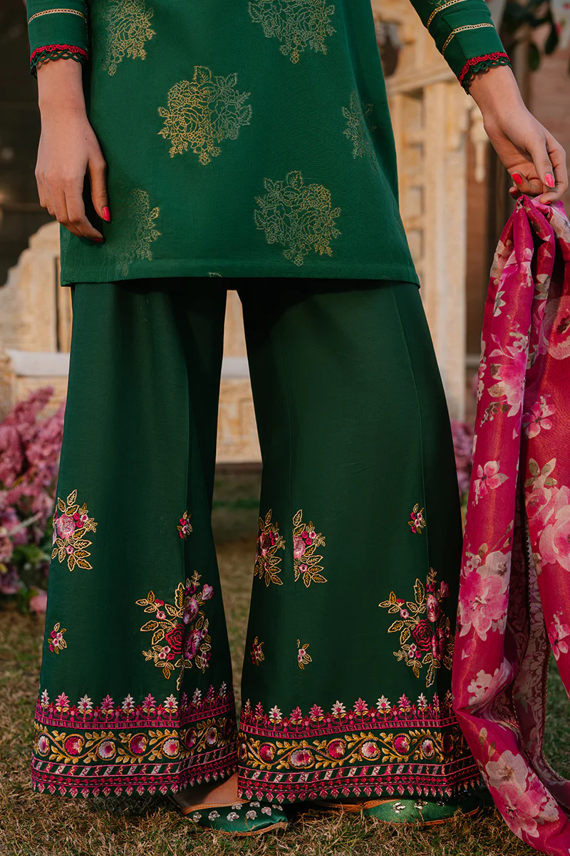 OPULENT GREEN-3 PIECE EMBROIDERED JACQUARD SUIT - Image 3