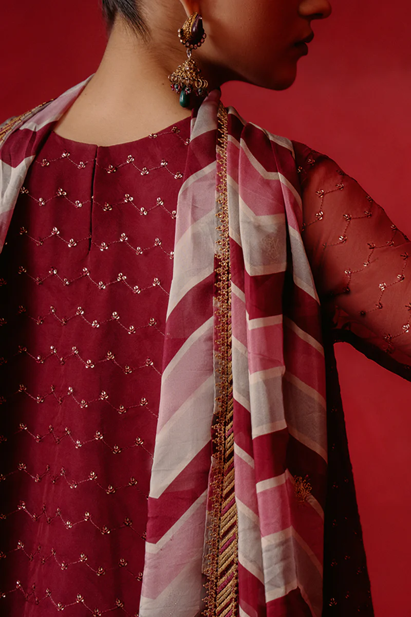 RED OCHRE-4 PIECE ORGANZA EMBROIDERED SUIT - Image 8