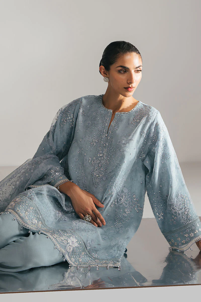 SILVER AQUA-3PC EMBROIDERED ORGANZA SUIT - Image 5