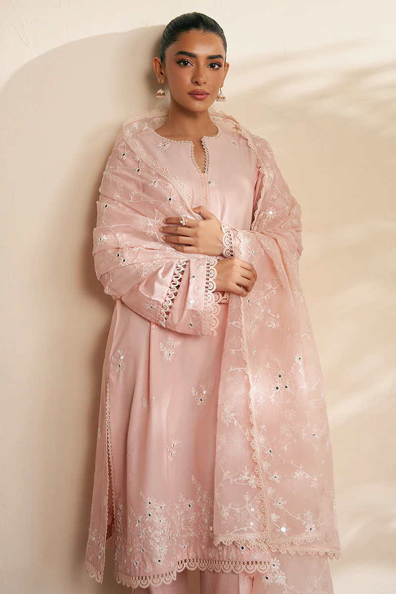 SILVER PINK-3 PIECE EMBROIDERED CAMBRIC SUIT - Image 5
