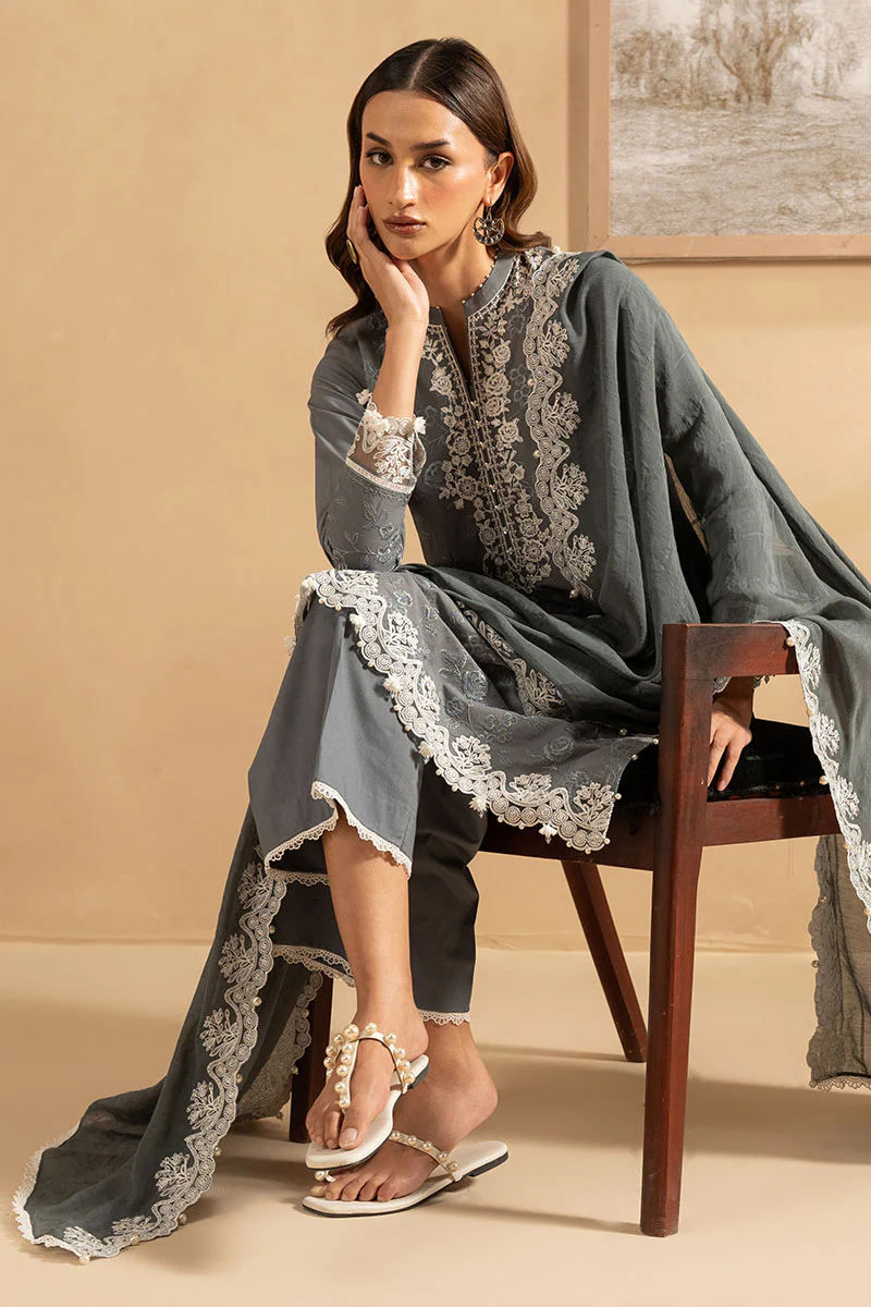 SOFT GRAPHITE- 3PC EMBROIDERED LAWN SUIT - Image 4