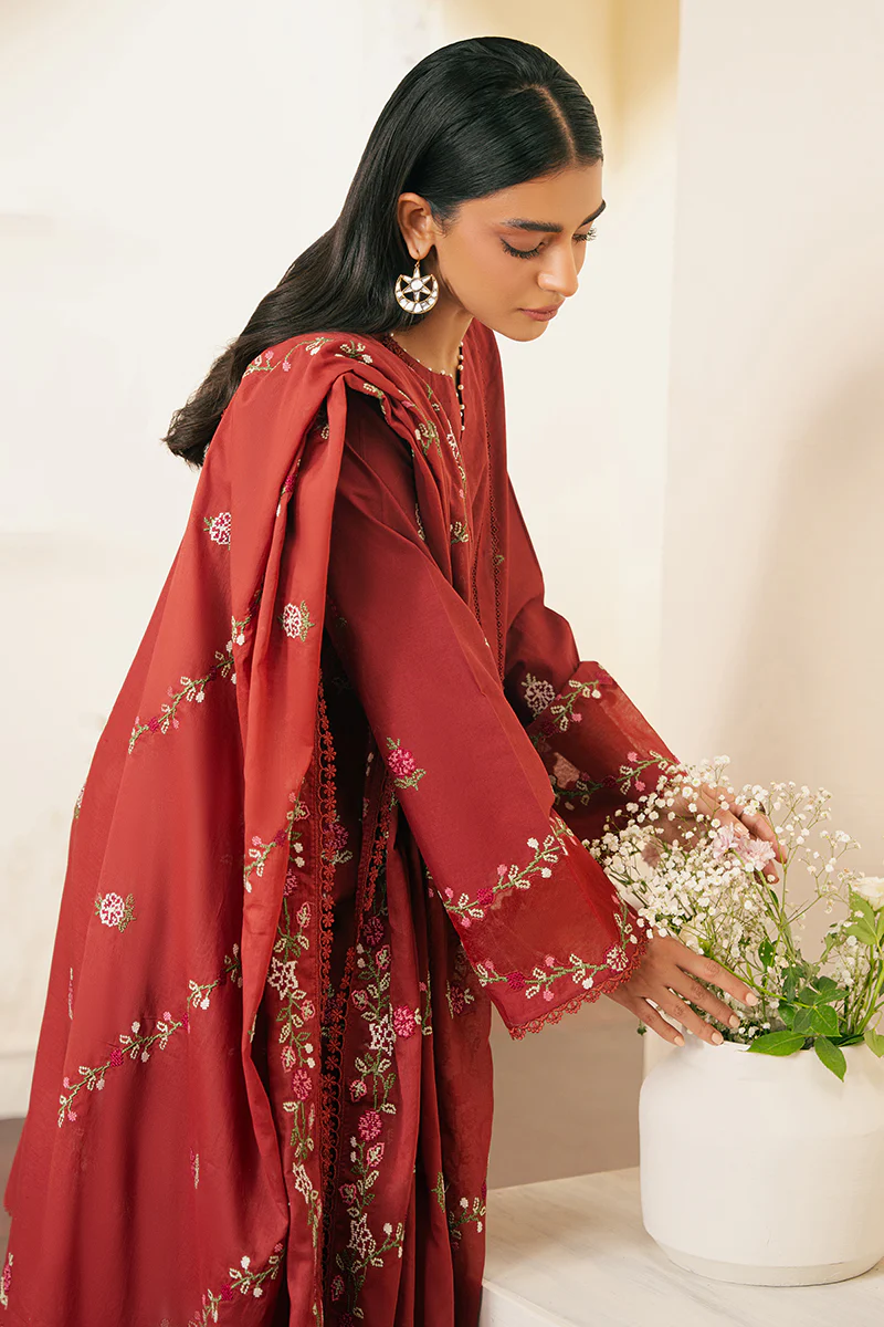 SYLVAN RED-3 PIECE EMBROIDERED CAMBRIC SUIT - Image 7