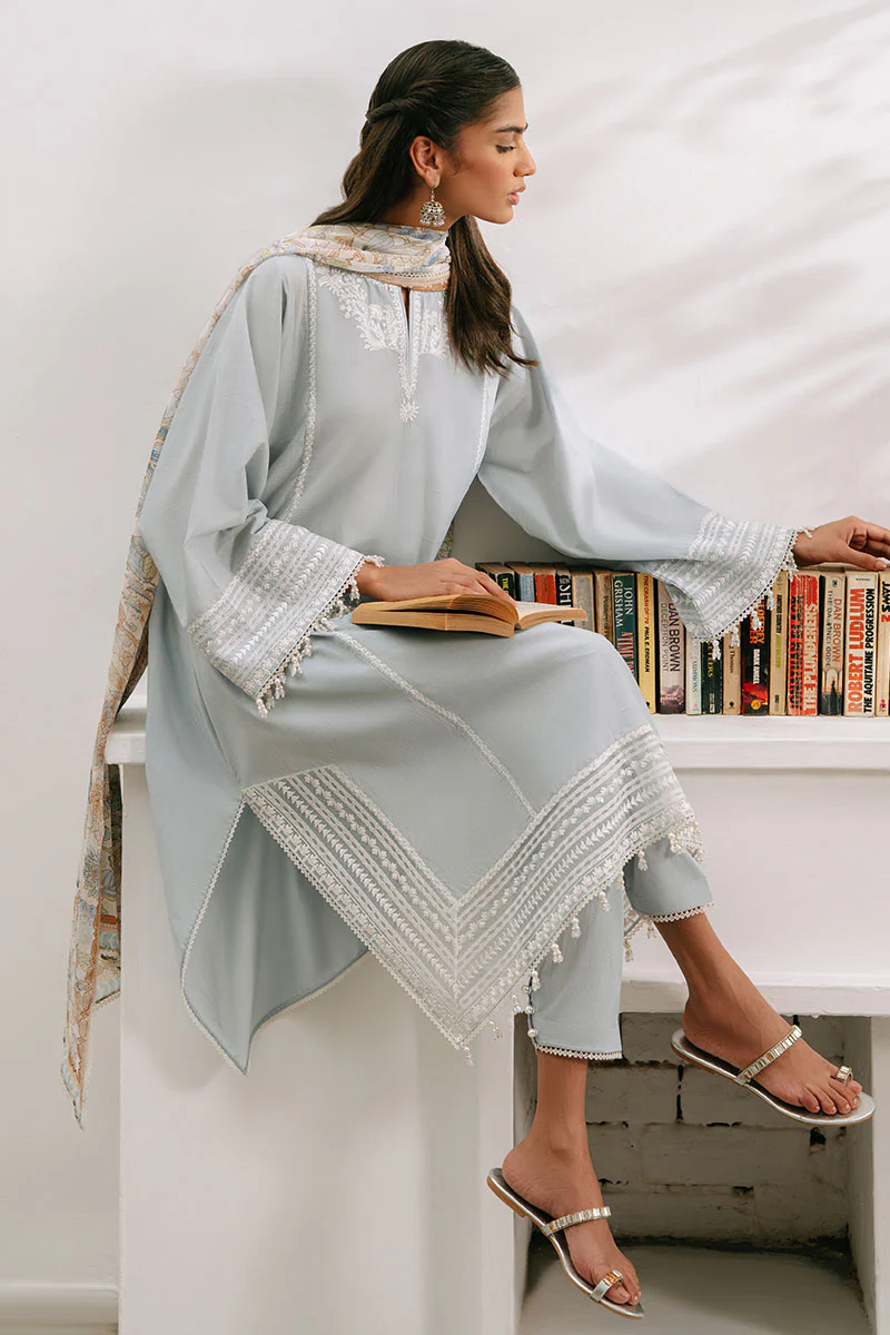 BLUE ILLUSION-3PC EMBROIDERED CAMBRIC SUIT - Image 3