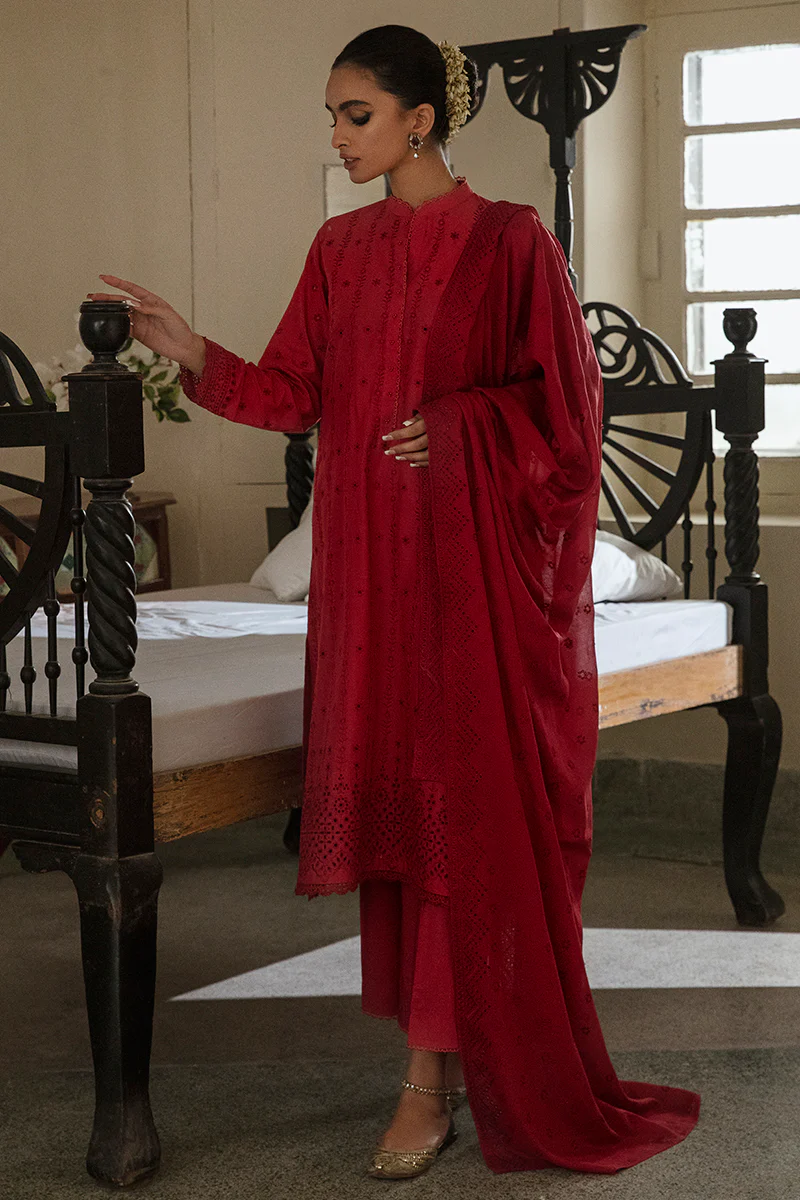 RUBY RED-3PC CHIKANKARI LAWN SUIT