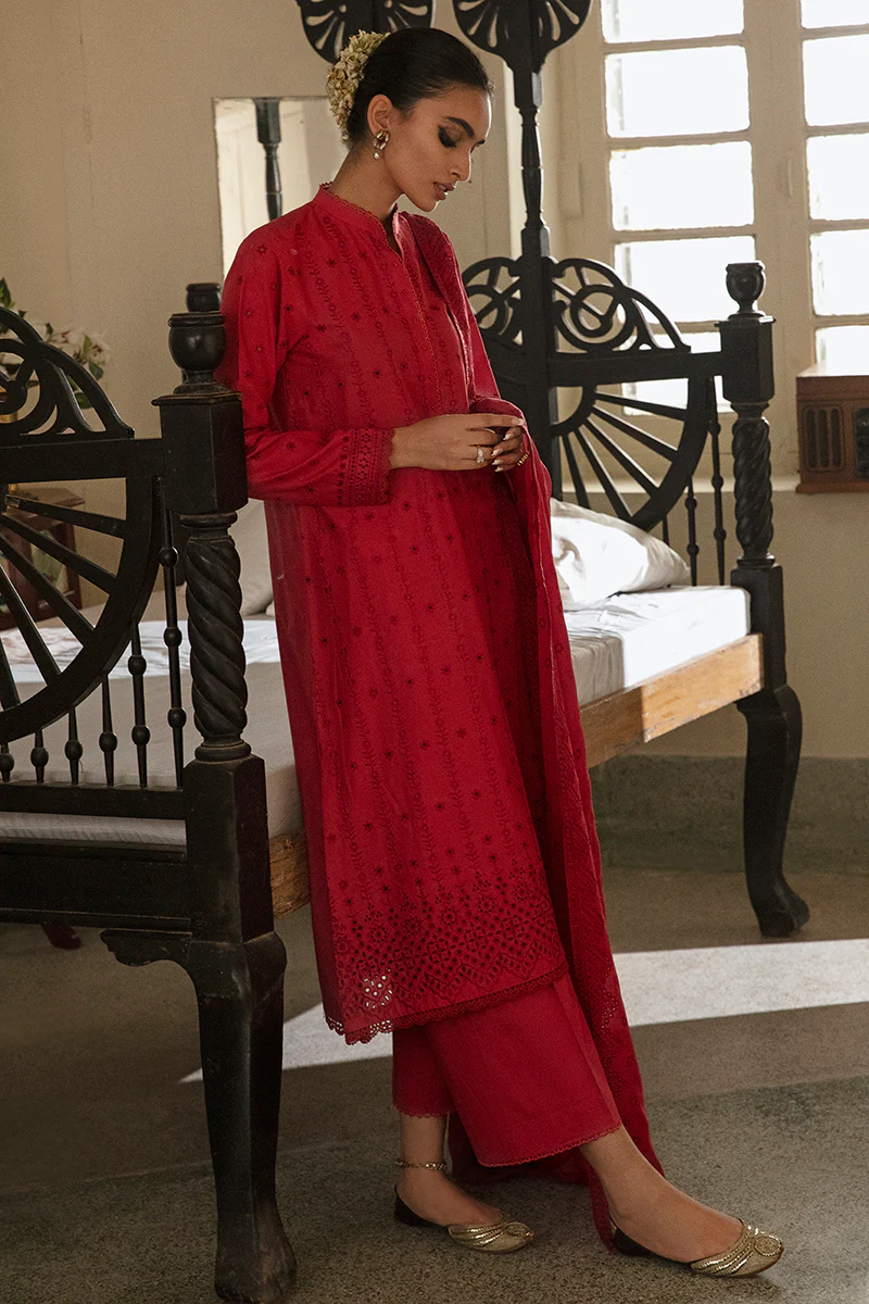 RUBY RED-3PC CHIKANKARI LAWN SUIT - Image 2