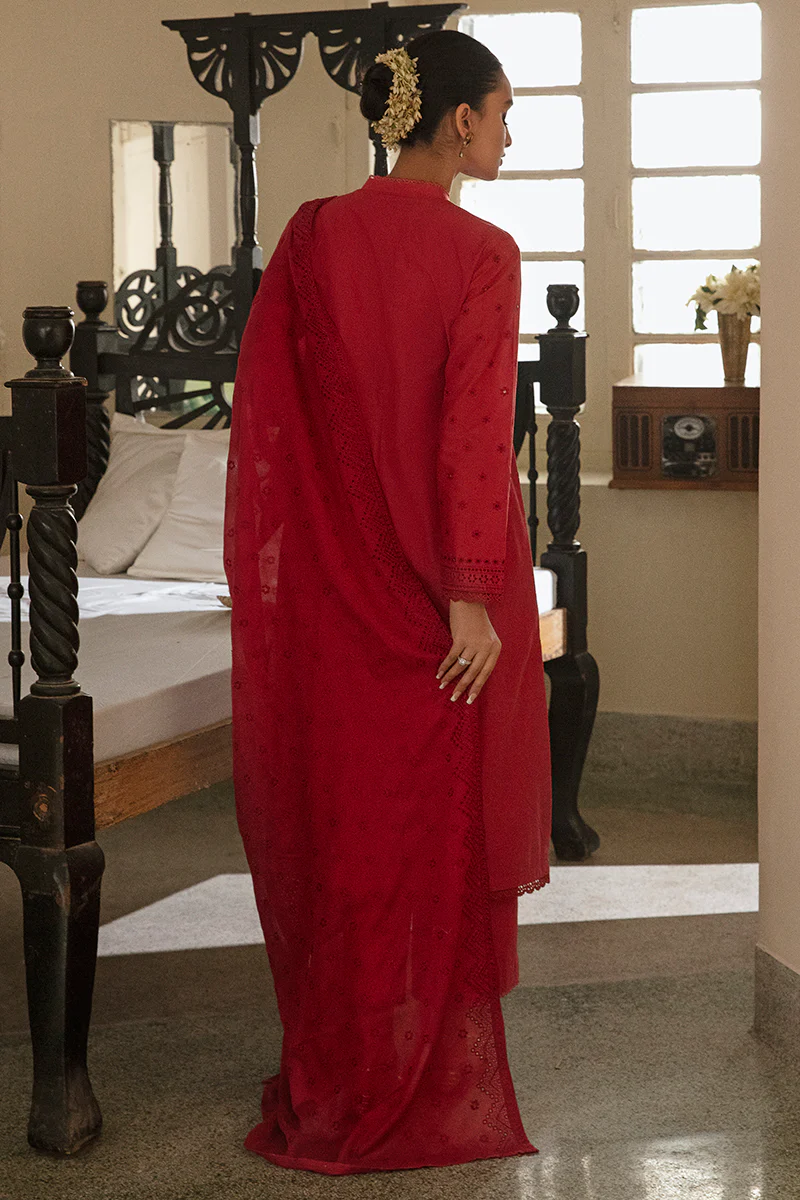 RUBY RED-3PC CHIKANKARI LAWN SUIT - Image 3