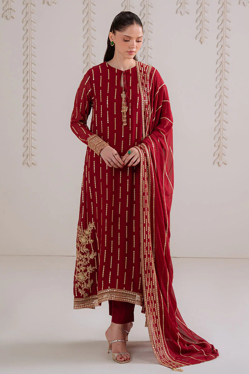 VERMILION BERRY-4PC CHIFFON EMBROIDERED SUIT